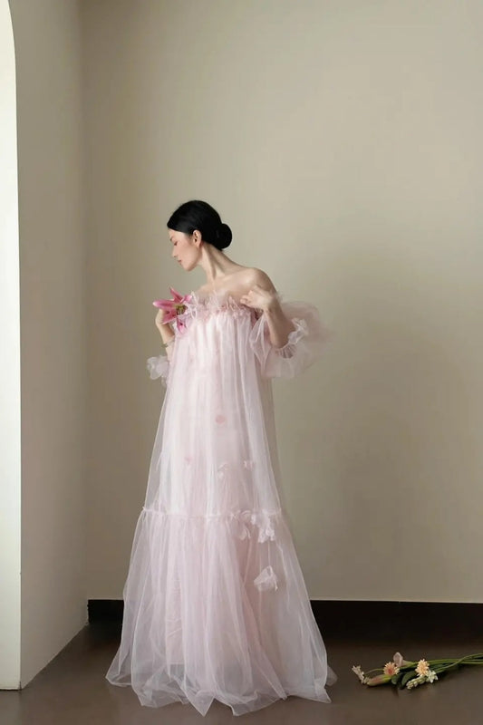 amakanas- Vintage Pink Tulle Off-Shoulder Puff Sleeve Open-Back Long Forest-Style Evening Gown gh6092