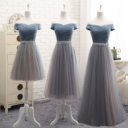 Gray tulle off shoulder prom dress, evening dress  7773