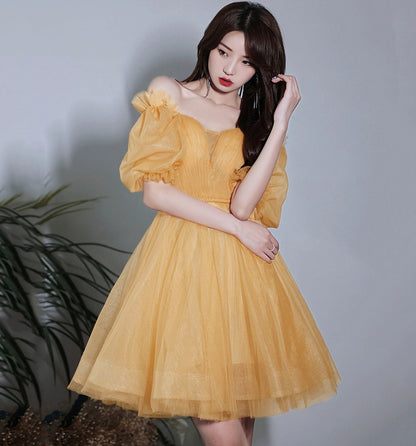 Yellow tulle short prom dress party dress  8975