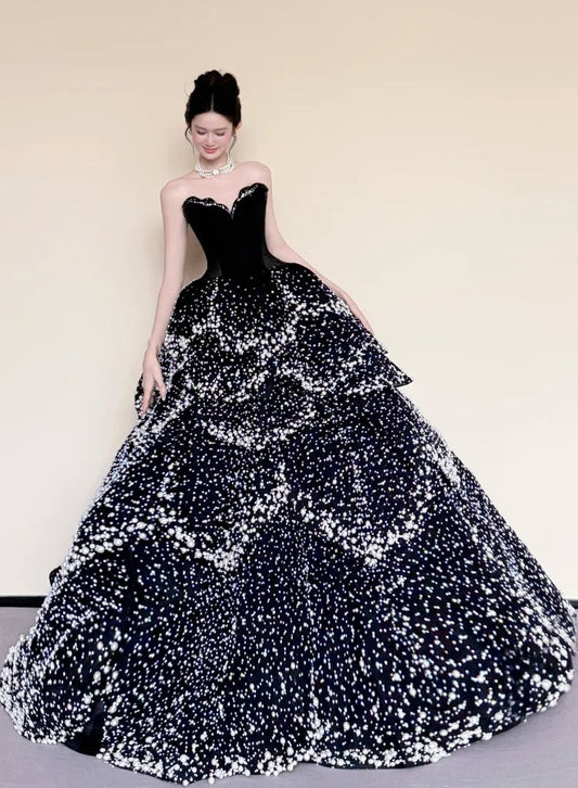 amakanas-Black Luxurious Pearl Beaded Long Satin Floor-Length Ball Gown gh5979