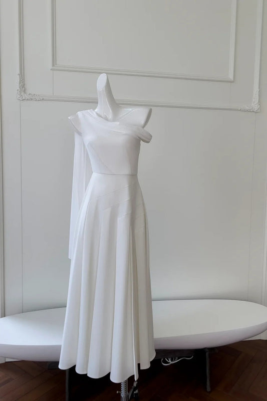 amakanas- Minimalist White Asymmetric Off-Shoulder Midi Evening Gown gh6097