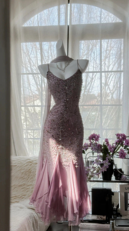 Pink Purple Elegant Romantic Exquisite Beaded Long Chiffon Ball Gown Evening Dress Birthday/Wedding Guest/Holiday Party Dress Prom Dress gh4021