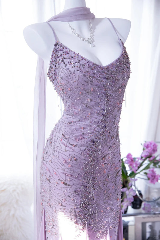 Light Purple Elegant Romantic Exquisite Beaded Long Chiffon Ball Gown Evening Dress Birthday/Wedding Guest/Holiday Party Dress Prom Dress gh4022
