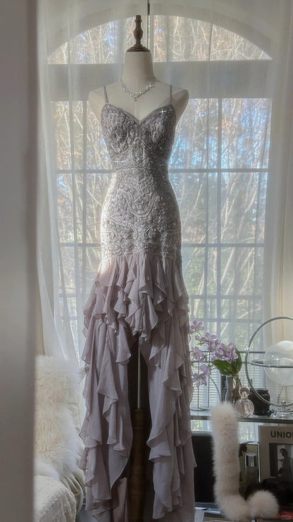 Purple Romantic Gorgeous Exquisite Elegant Beaded Lace Long Chiffon Evening Gown Ball Gown Prom Dress Birthday Holiday Party Dress gh4046