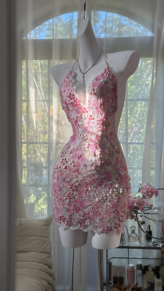 amakanas-New Pink Floral Exquisite Beaded Short Lace Homecoming Dress Birthday Party Dress gh5803