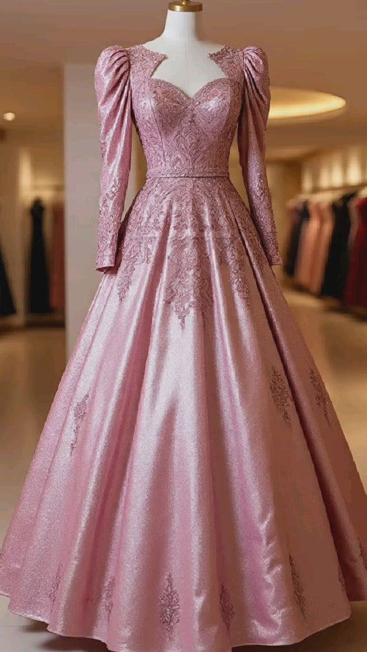 amakanas-Pink long-sleeved, delicately beaded, floor-length satin ball gown gh6157