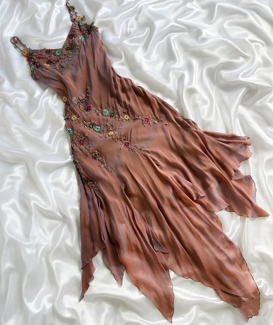 amakanas-Vintage Brown-Tone Hand-Embroidered Multi-Color Floral Asymmetric Ruffled Strap Evening Gown gh6011