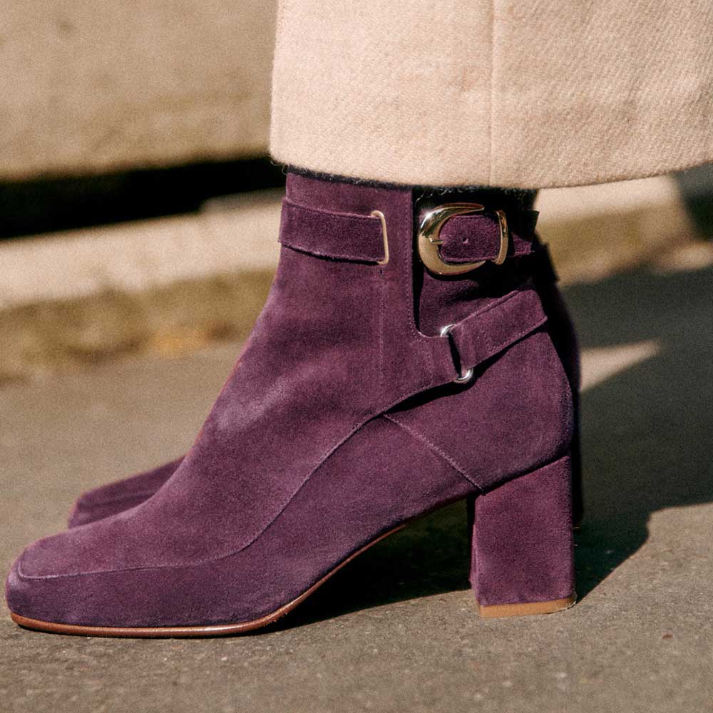 Purple Square Toe Chunky Heel Elegant Buckled Strappy Ankle Boots