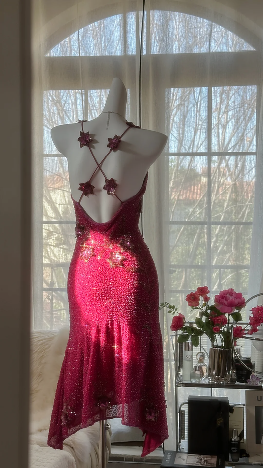 Vintage Shiny Sequin Rose Red Backless Design A-line Romantic Chiffon Evening Dress Prom Dress TP4008