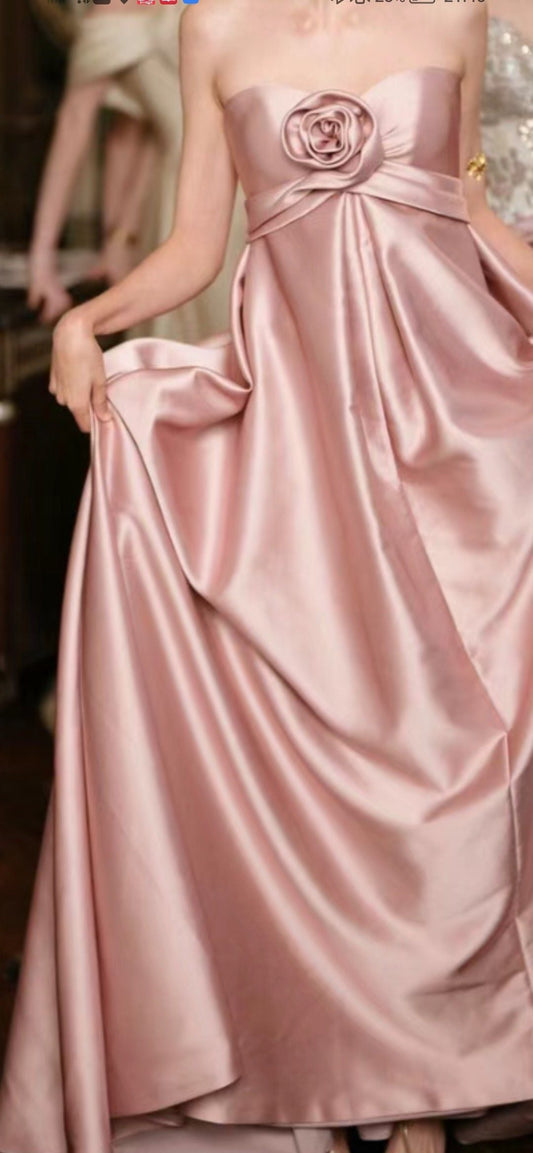 amakanas-Pink Elegant Simple Floral Long Satin Prom Dress Bridesmaid Dress gh5951