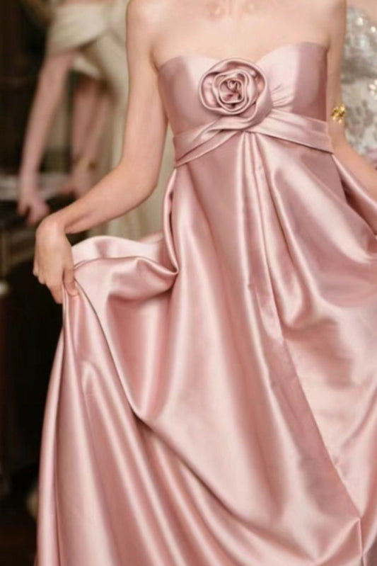 amakanas-Pink Elegant Simple Floral Long Satin Prom Dress Bridesmaid Dress gh5951