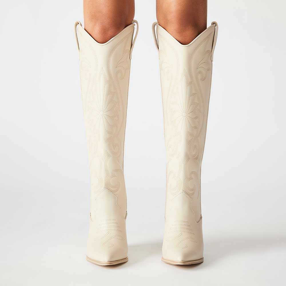 Ivory Pointed Toe Embroidered Knee-high Block Heel Cowgirl Boots