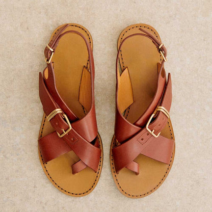 Brown Round Toe Flat Vintage Buckle Ring Strap Sandals