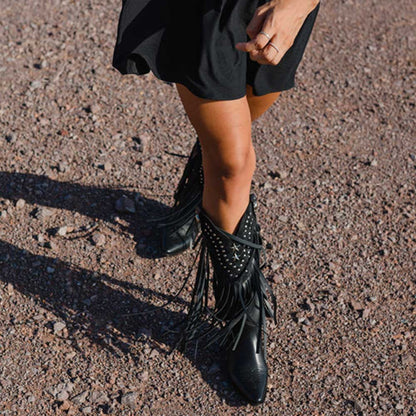 Vegan Leather Pointed Fringe Knee-High Heel Cowgirl Boots in Black