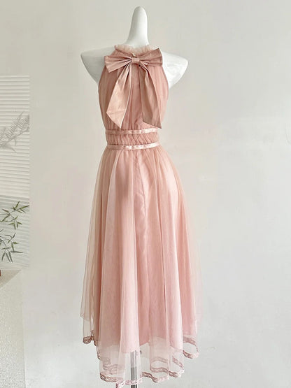 Elegant Pink A-line Halter Neck Waist Tulle Long Prom Dress Evening Dress Bridesmaid Dress P4002