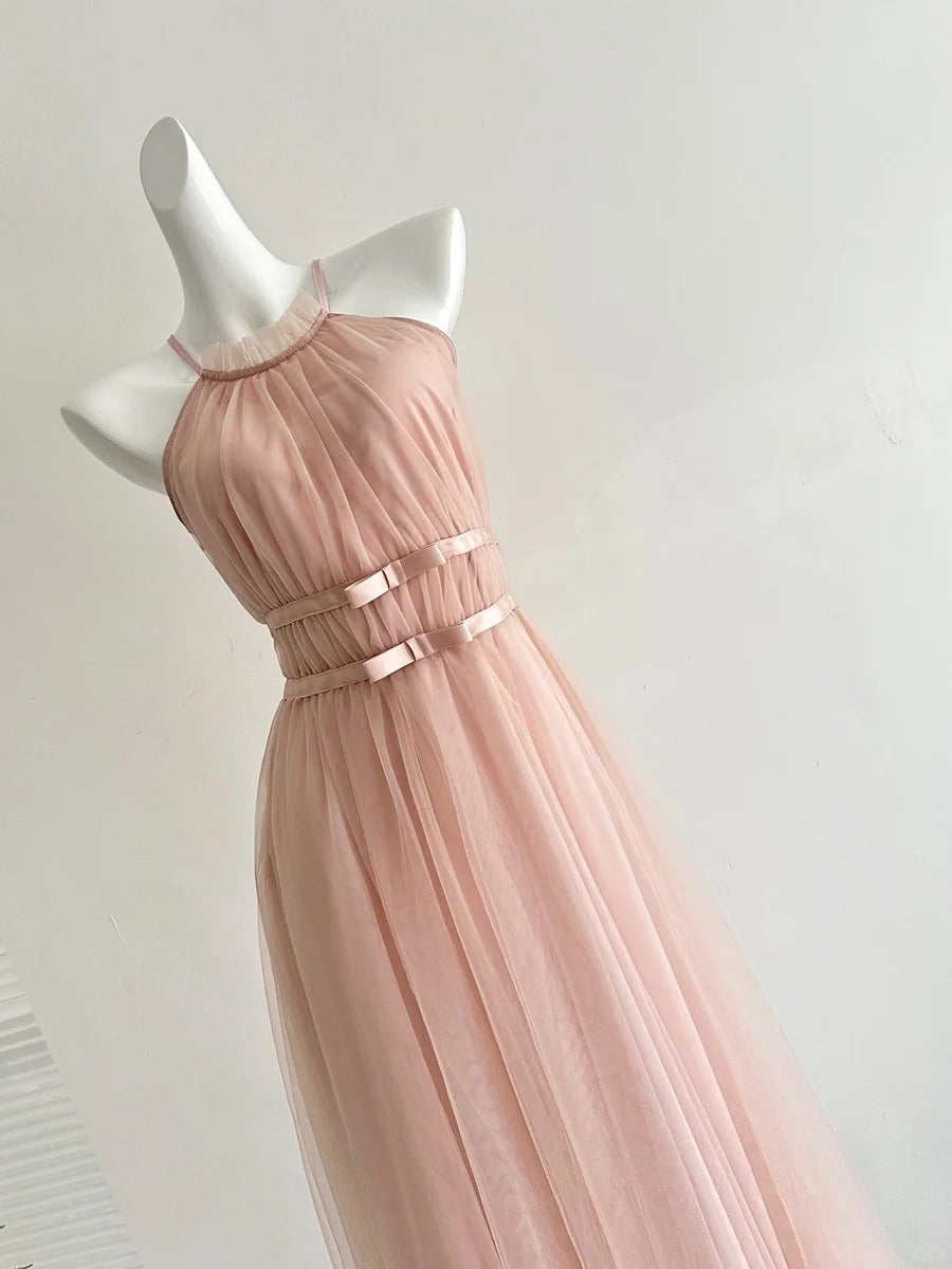 Elegant Pink A-line Halter Neck Waist Tulle Long Prom Dress Evening Dress Bridesmaid Dress P4002