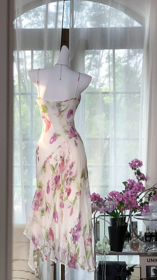 White Pink Floral Ball Gown Long Chiffon Date Dress Evening Dress Birthday Dress Wedding Dress gh4531