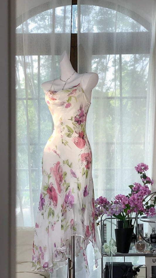 White Pink Floral Ball Gown Long Chiffon Date Dress Evening Dress Birthday Dress Wedding Dress gh4531