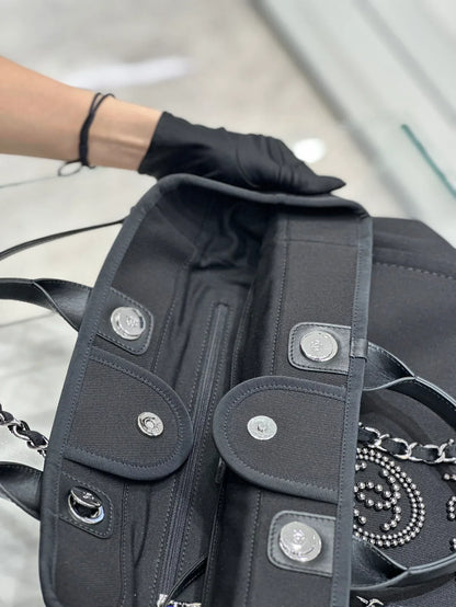 Chanel Natural Canvas and Black Leather Large Pearl Deauville Tote - 30x39x22cm