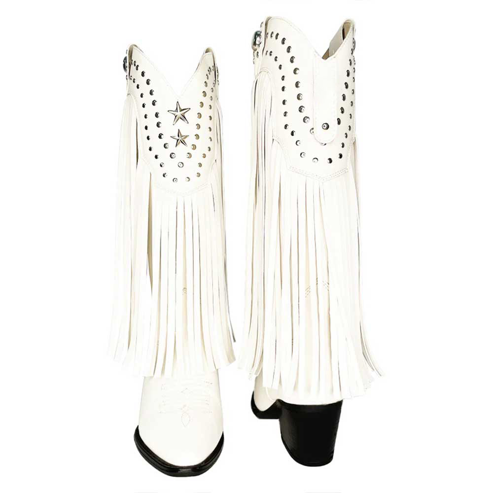 White Vegan Leather Pointed Toe Fringe Knee-High Heel Cowgirl Boots