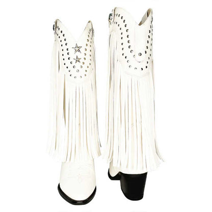 White Vegan Leather Pointed Toe Fringe Knee-High Heel Cowgirl Boots