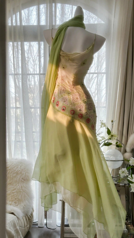 Green Elegant Romantic Delicate Floral Beading Spaghetti Strap Long Chiffon Homecoming Ball Gown Evening Dress Birthday/Wedding Guest/Holiday Party Dress Prom Dress gh4024