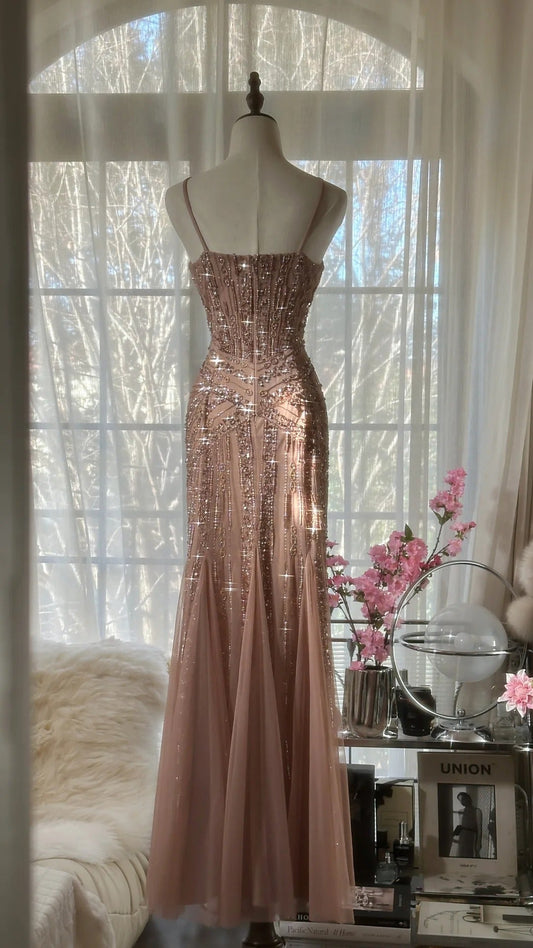 Rose pink luxury gorgeous elegant romantic exquisite beaded long chiffon ball gown evening dress party dress prom dress Valentine's Day date dress gh4047