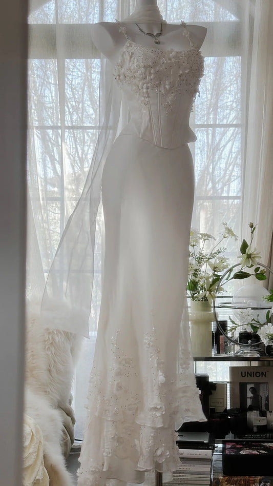 White Elegant Fashion Exquisite Floral Beaded Long Chiffon Ball Gown Evening Dress Party Dress Two Piece Set gh4005