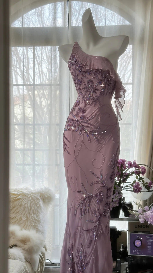 Pink Purple Romantic One Shoulder Fashion Elegant Exquisite Floral Beading Long Chiffon Ball Gown Evening Dress Birthday Holiday Party Dress Prom Dress gh4012