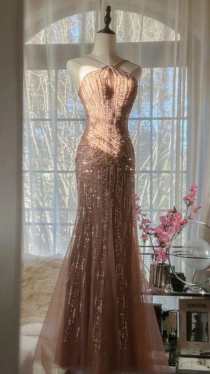 Rose pink luxury gorgeous elegant romantic exquisite beaded long chiffon ball gown evening dress party dress prom dress Valentine's Day date dress gh4047