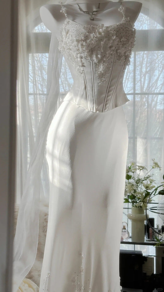 White Elegant Fashion Exquisite Floral Beaded Long Chiffon Ball Gown Evening Dress Party Dress Two Piece Set gh4005