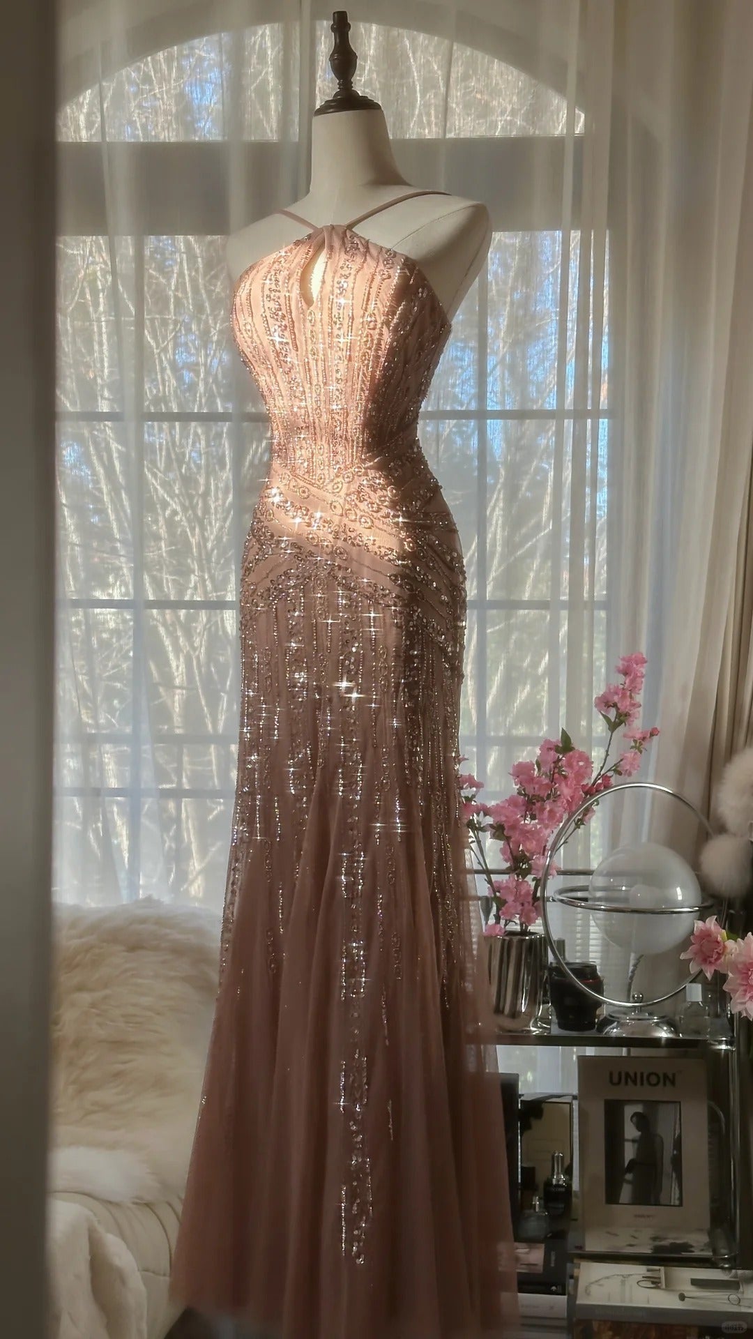 Rose pink luxury gorgeous elegant romantic exquisite beaded long chiffon ball gown evening dress party dress prom dress Valentine's Day date dress gh4047