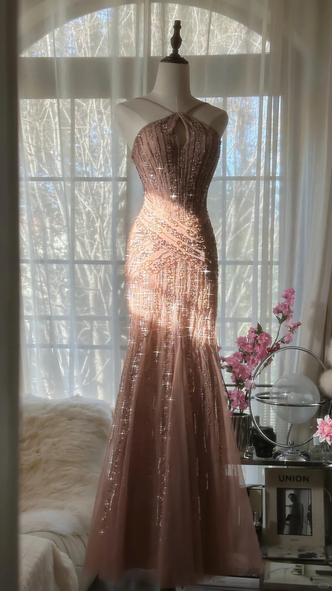 Rose pink luxury gorgeous elegant romantic exquisite beaded long chiffon ball gown evening dress party dress prom dress Valentine's Day date dress gh4047