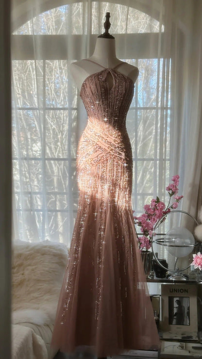 Rose pink luxury gorgeous elegant romantic exquisite beaded long chiffon ball gown evening dress party dress prom dress Valentine's Day date dress gh4047
