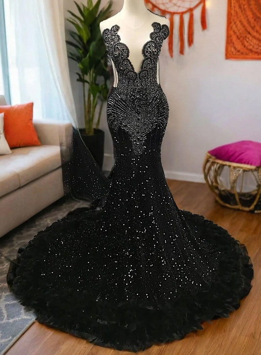 Sparkle Black Sequin Formal Evening Dresses Prom Gown with Feather