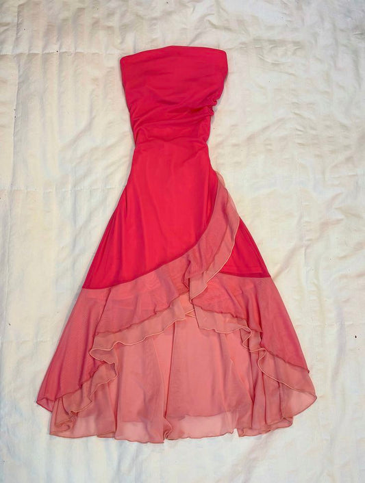 amakanas-Vintage Red-Pink Gradient Strapless Ruffled Midi Evening Dress gh6016