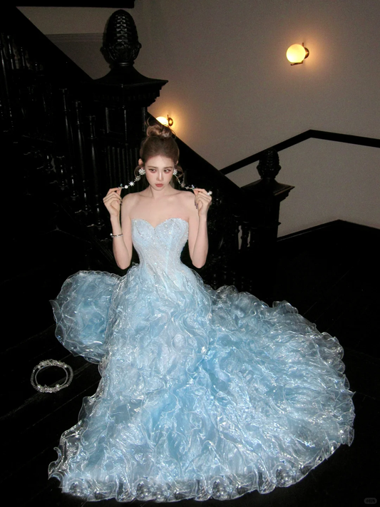 Gorgeous Shiny Light Blue Strapless Design A-Line Tulle Wedding Dress Prom Dress Evening Dress TP4235