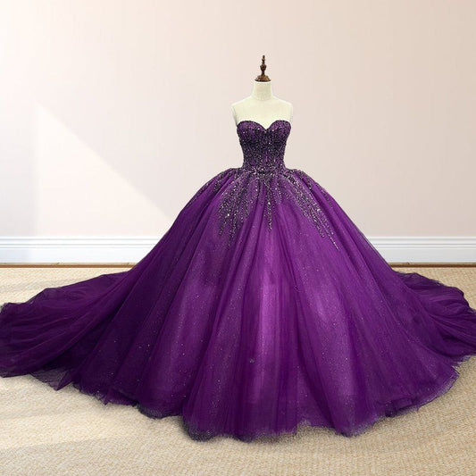 amakanas-Purple shimmering, delicately beaded long tulle ball gown/wedding dress gh6186