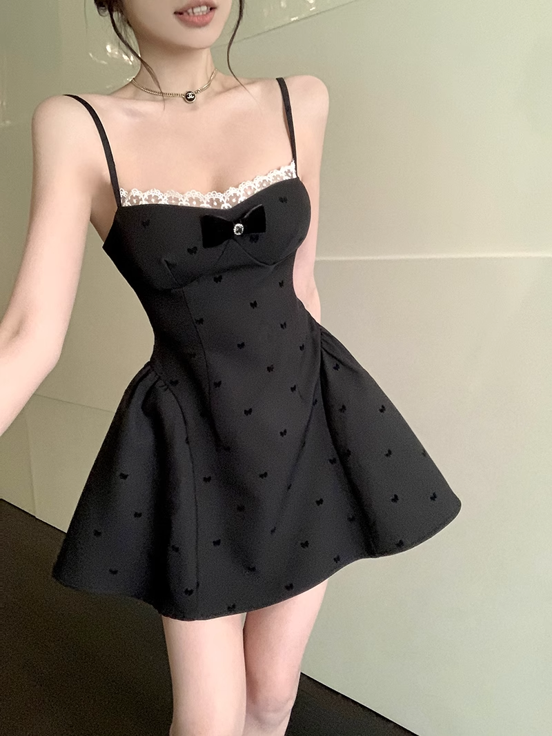 Cute Black Spaghetti Strap Backless Bow Design A-line Lace Homecoming Dress TP3692
