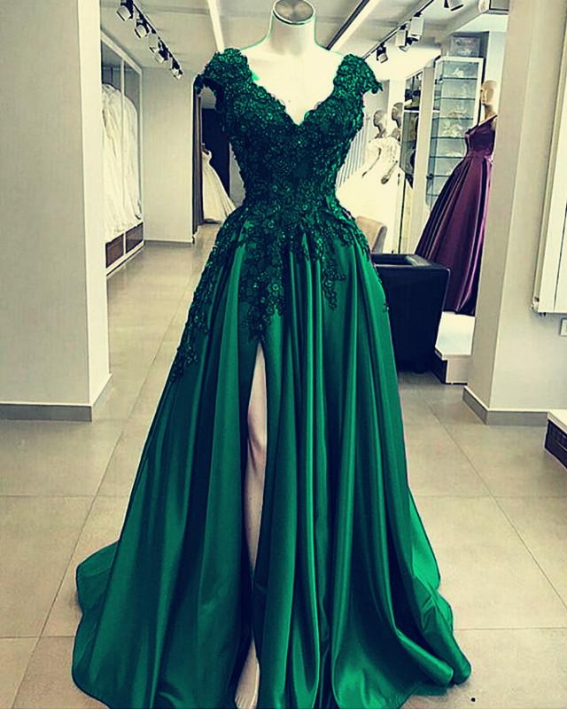 Lace Flowers Beaded Cap Sleeves V-neck Prom Dresses Split Evening Gowns