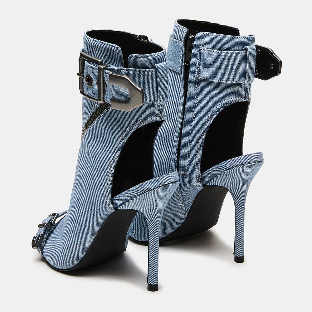 Denim Pointed Stiletto Heel Zipper Peep Toe Ankle Boots with Buckle