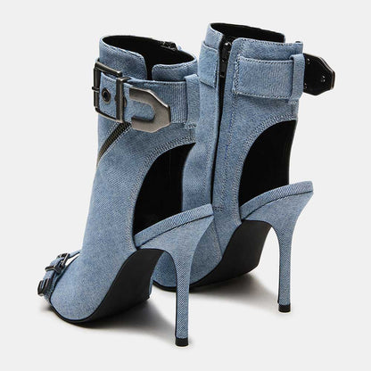 Denim Pointed Stiletto Heel Zipper Peep Toe Ankle Boots with Buckle