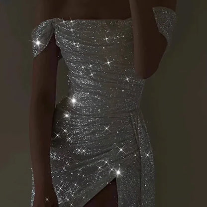 Sparkly Ivory Mermaid Off Shoulder High Slit Cheap Long Prom Dresses Online Tp06