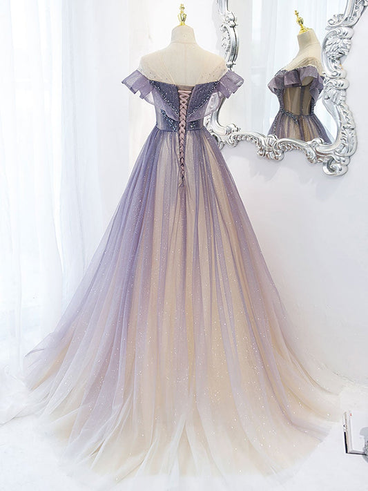 Purple tulle long prom dress, purple evening dress