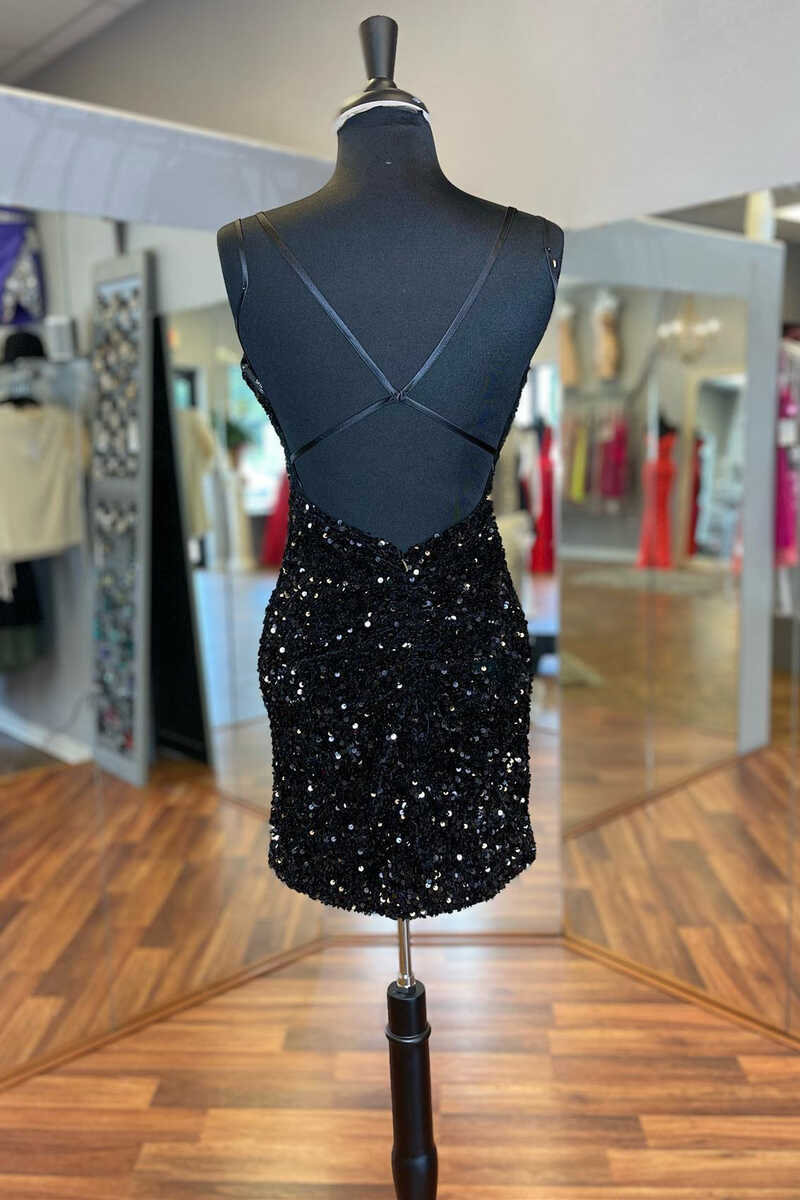 Black Sequin V-Neck Backless Short Homecoming Dress Wedding