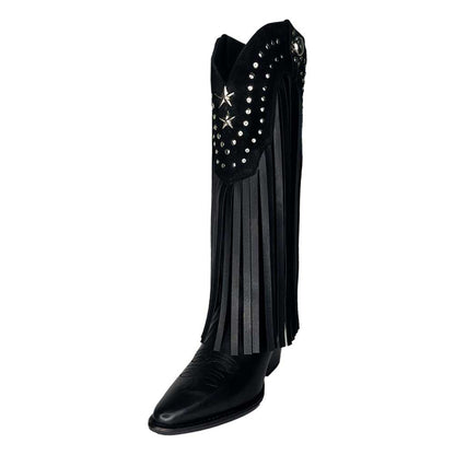 Vegan Leather Pointed Fringe Knee-High Heel Cowgirl Boots in Black
