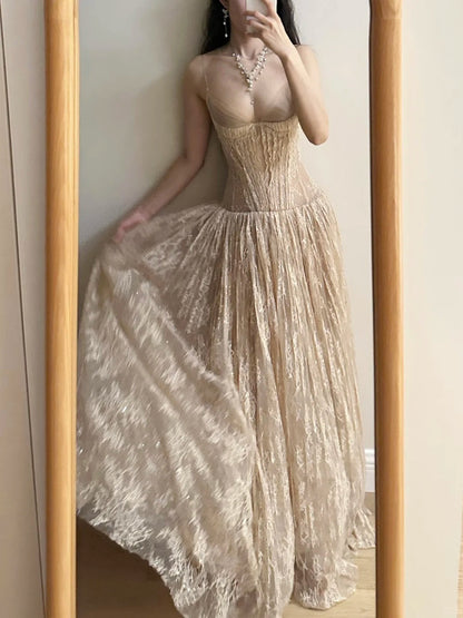 Elegant Nude Apricot A-line Deep V Halter Lace Long Prom Dress Evening Dress Bridesmaid Dress P4265