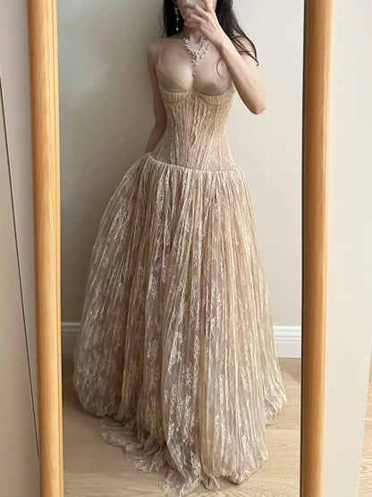 Elegant Nude Apricot A-line Deep V Halter Lace Long Prom Dress Evening Dress Bridesmaid Dress P4265