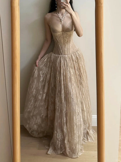 Elegant Nude Apricot A-line Deep V Halter Lace Long Prom Dress Evening Dress Bridesmaid Dress P4265