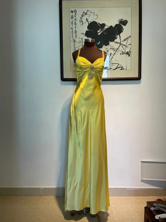 Vintage Yellow Fitted Halter Neck Satin Long Prom Dress Evening Dress Bridesmaid Dress P4266